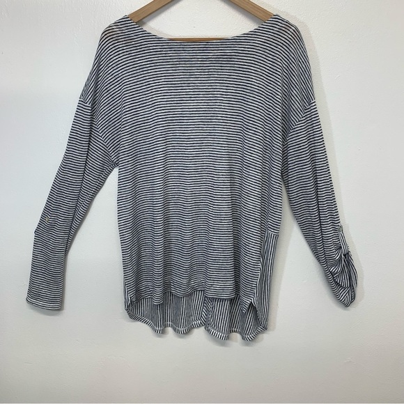 Adrienne Vittadini Linen Top Woman Large  Blue White Stripe Nautical Beachy Work - Picture 3 of 7